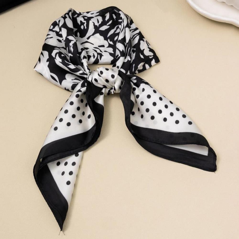 Luxury Flower Polka Dot Contrast Silky Bandana Square Neck Scarf